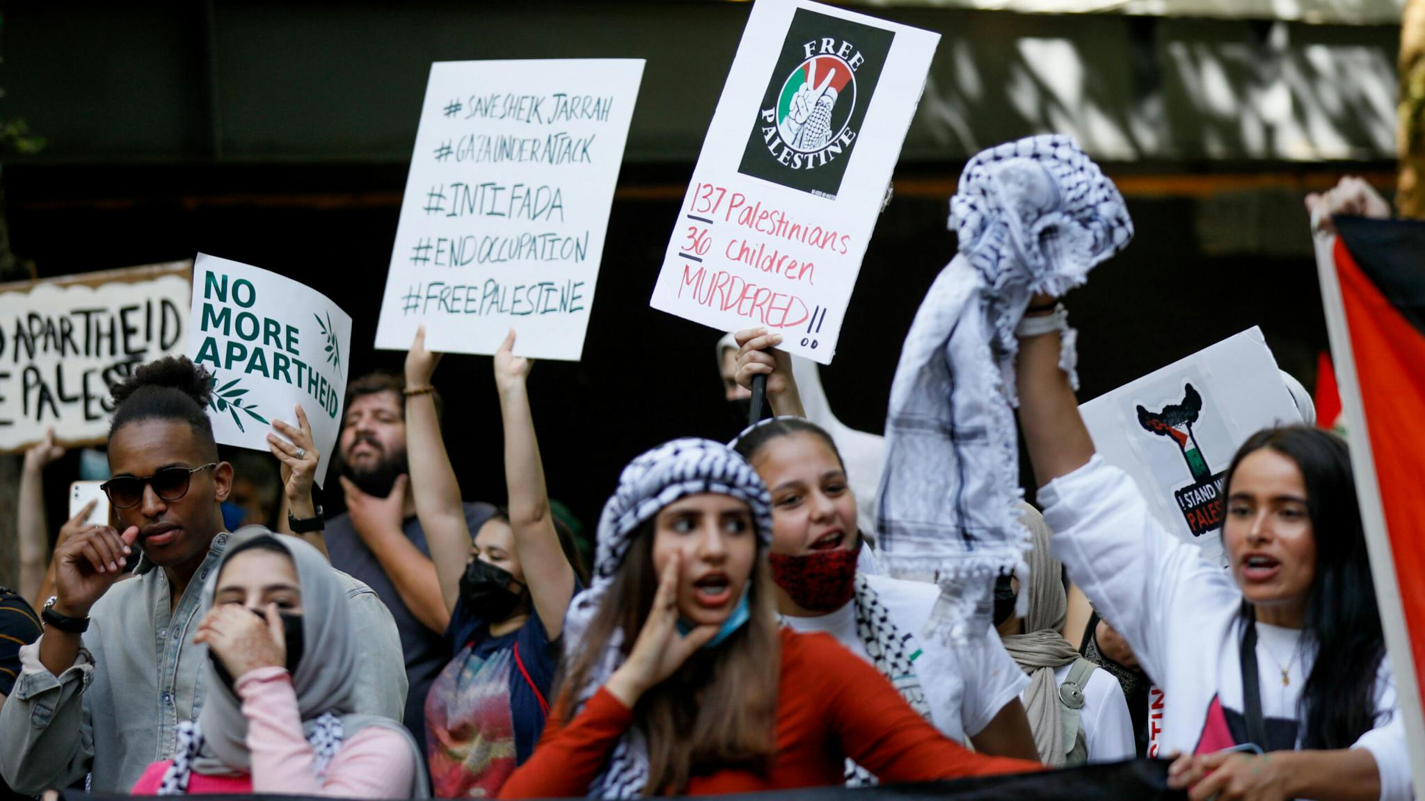 Protest PORTLAND, OREGON, USA - MAY 15: Protesters gather to stage a demonstration in support of Palestinians and to protest against Israeli attacks on Gaza Strip and East Jerusalem on the 73rd Nakba Day in Portland, Oregon, United States on May 15, 2021.