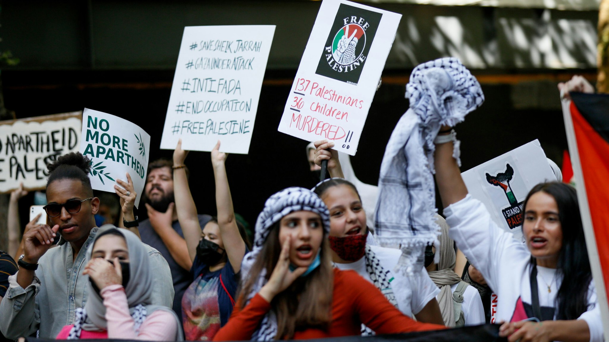 PORTLAND, OREGON, USA - MAY 15: Protesters gather to stage a demonstration in support of Palestinians and to protest against Israeli attacks on Gaza Strip and East Jerusalem on the 73rd Nakba Day in Portland, Oregon, United States on May 15, 2021.