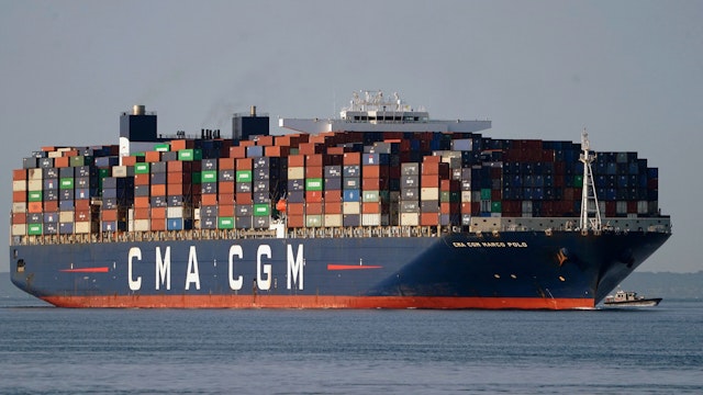 The CMA CGM Marco Polo,an ultra-large container vessel with a maximum capacity of 16,022 twenty-foot equivalent units, passes on May 20, 2021 in New York, on its way to the Elizabeth-Port Authority Marine Terminal (EPAMT) as the largest container ship ever to call at any US East Coast port.