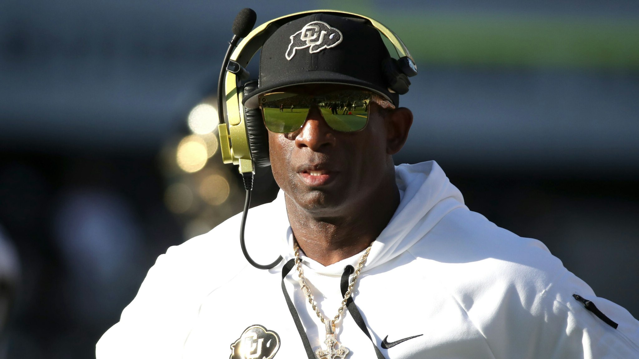TEMPE, ARIZONA - OCTOBER 7: Head Coach Deion Sanders of the University of Colorado Buffs watches his team from the sidelines during the University of Colorado Buffs versus the Arizona State Sun Devils football game at Mountain America Stadium on October 7, 2023 in Tempe, Arizona.