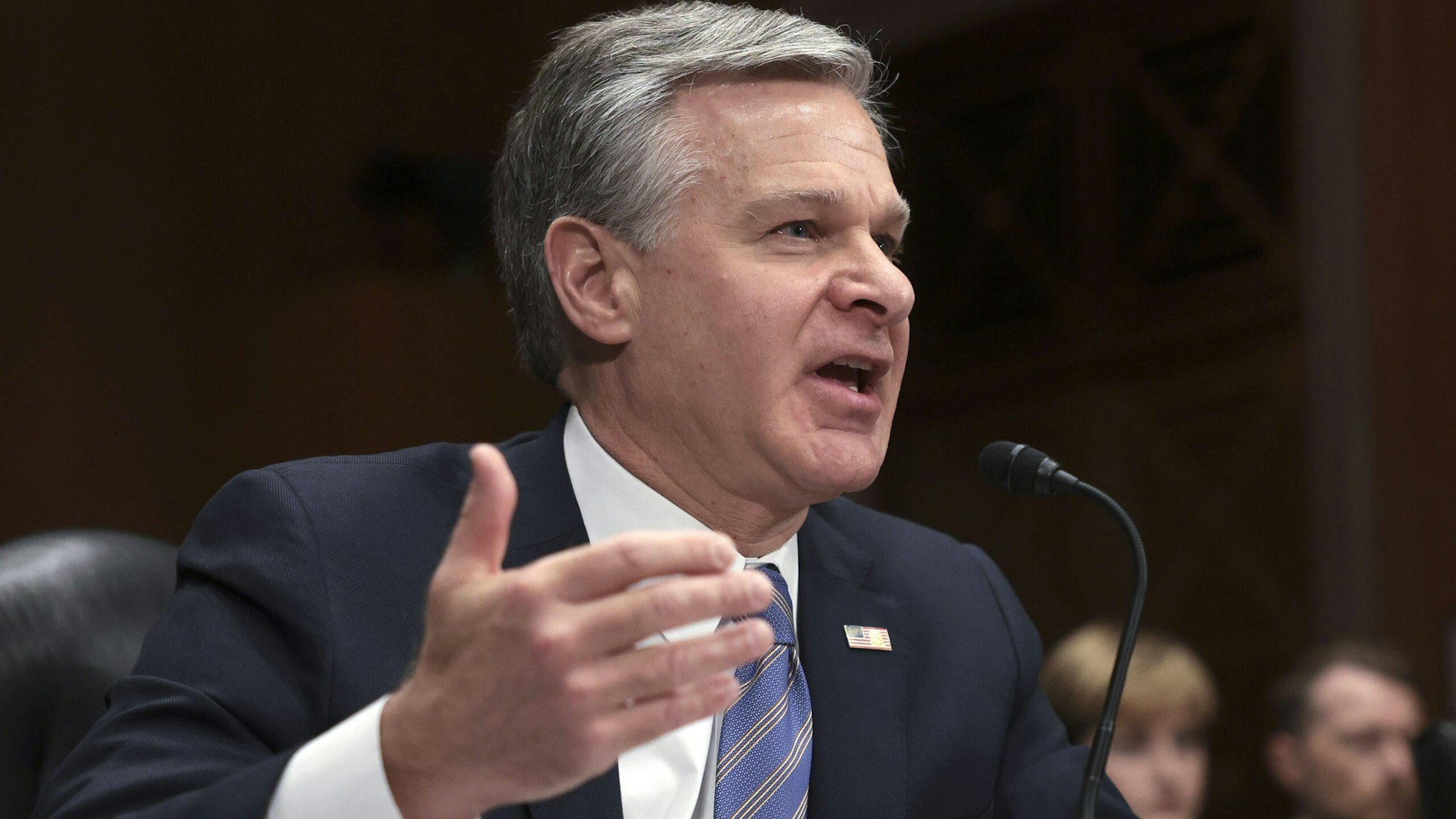 WASHINGTON, DC - OCTOBER 31: FBI Director Christopher Wray testifies before the Senate Homeland Security and Governmental Affairs Committee October 31, 2023 in Washington, DC. The committee heard testimony on the topic of "Threats to the Homeland."