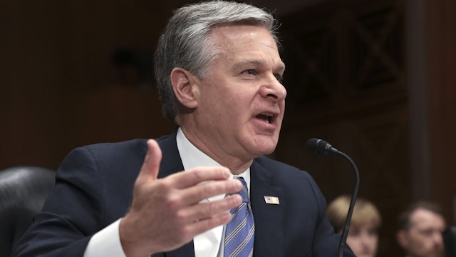 WASHINGTON, DC - OCTOBER 31: FBI Director Christopher Wray testifies before the Senate Homeland Security and Governmental Affairs Committee October 31, 2023 in Washington, DC. The committee heard testimony on the topic of "Threats to the Homeland."