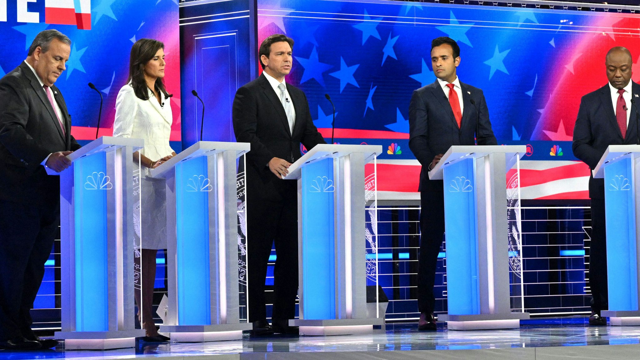 (From L) Former Governor of New Jersey Chris Christie, former Governor from South Carolina and UN ambassador Nikki Haley, Florida Governor Ron DeSantis, entrepreneur Vivek Ramaswamy, and US Senator from South Carolina Tim Scott attend the third Republican presidential primary debate at the Knight Concert Hall at the Adrienne Arsht Center for the Performing Arts in Miami, Florida, on November 8, 2023.