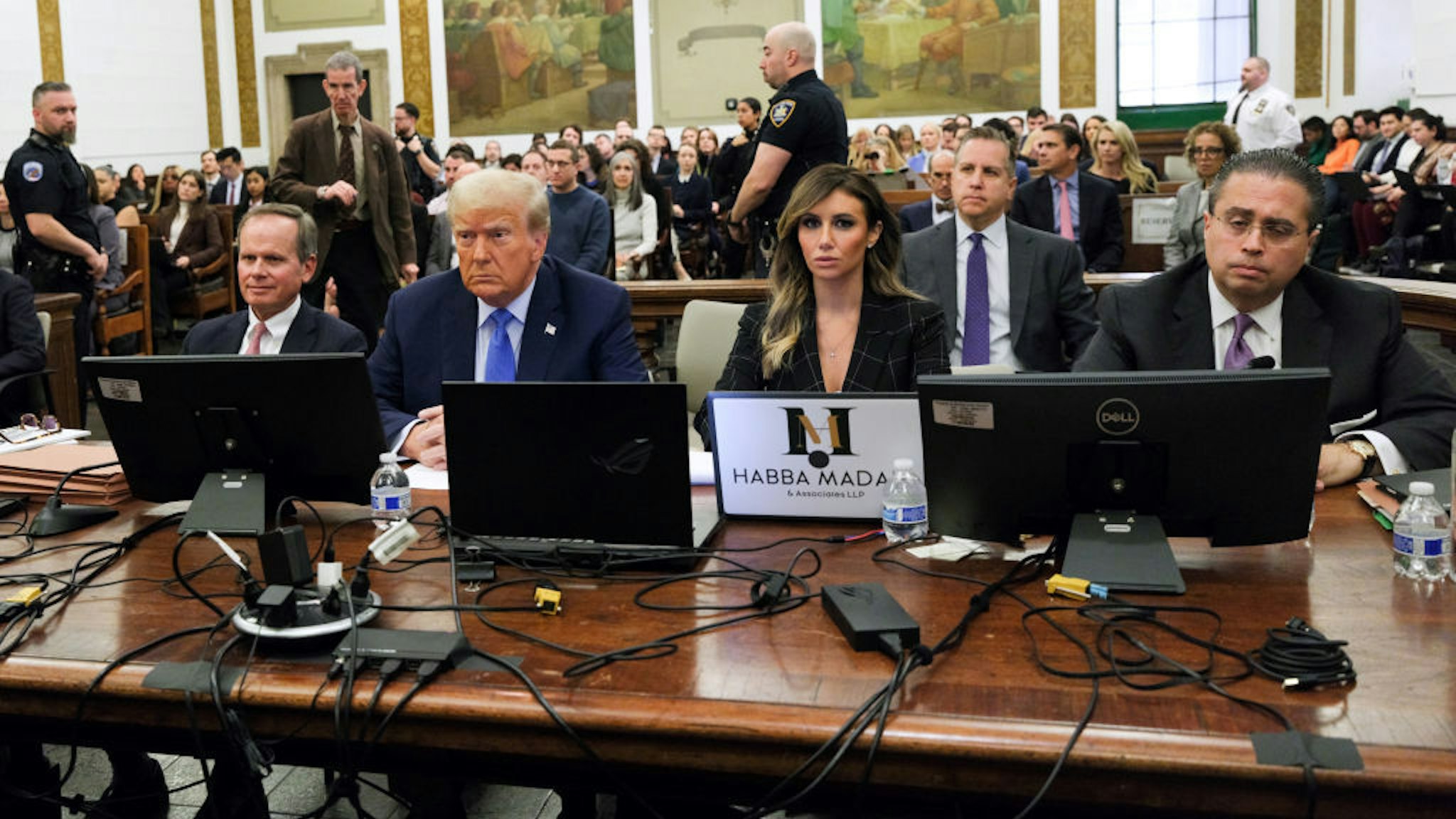 NEW YORK, NEW YORK - NOVEMBER 06: Former President Donald Trump sits in the courtroom with attorneys Christopher Kise (L) and Alina Habba during his civil fraud trial at New York State Supreme Court on November 06, 2023 in New York City. (Photo by Curtis Means-Pool/Getty Images)