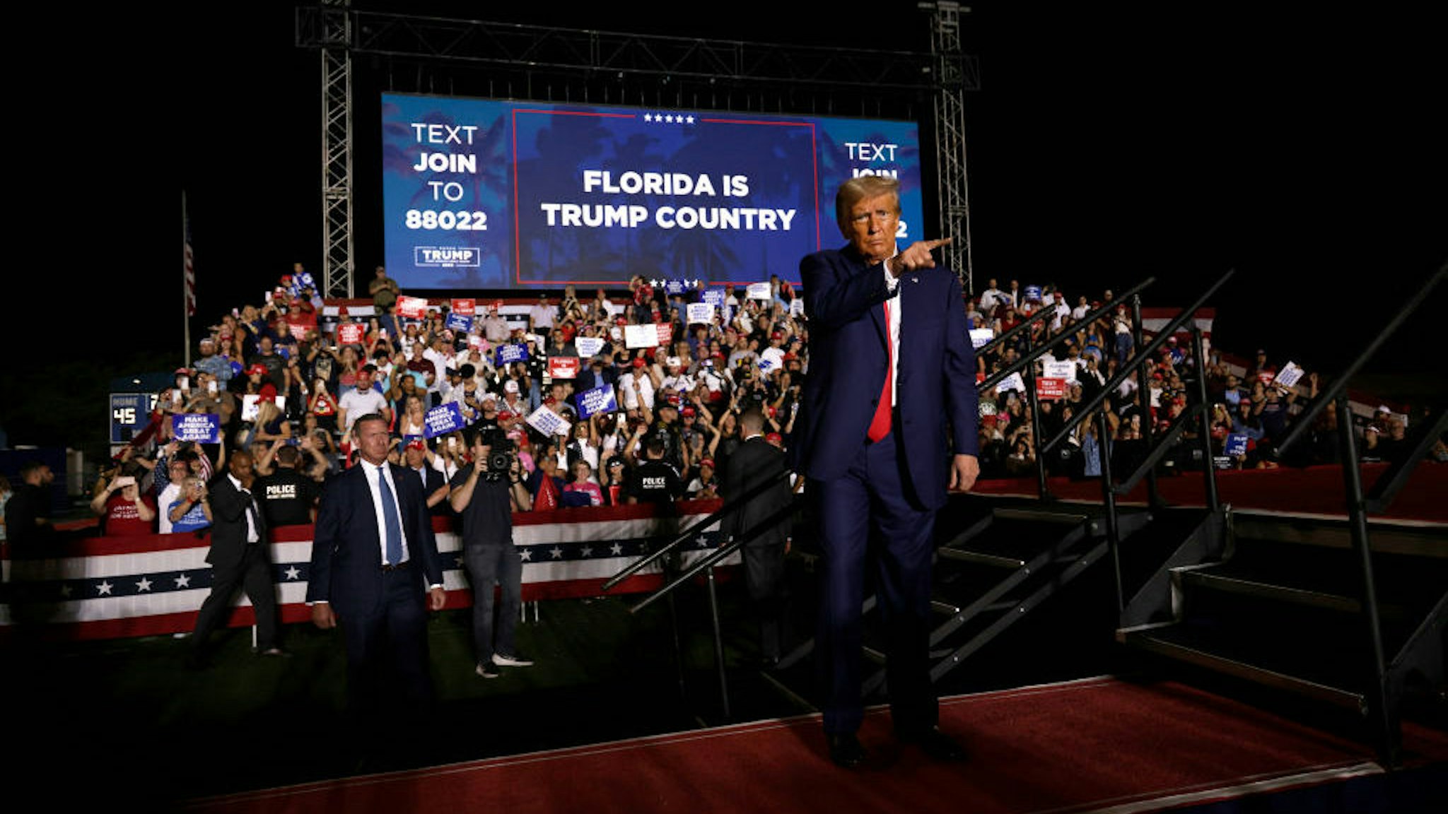 HIALEAH, FL - NOVEMBER 8: Former U.S. President Donald Trump delivers remarks at The Ted Hendricks Stadium at Henry Milander Park on November 8, 2023 in Hialeah, Florida. Even as Trump faces multiple criminal indictments, he still maintains a commanding lead in the polls over other Republican candidates. (Photo by Alon Skuy/Getty Images)