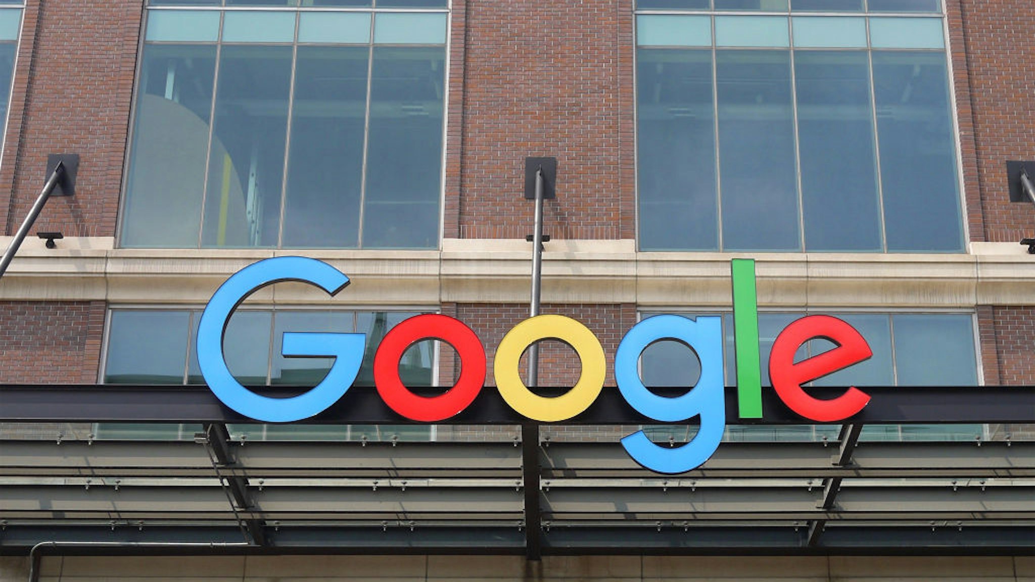 View of the Google company logo on the awning of a building (at 320 North Morgan Street) in the West Loop neighborhood, Chicago, Illinois, April 2018.