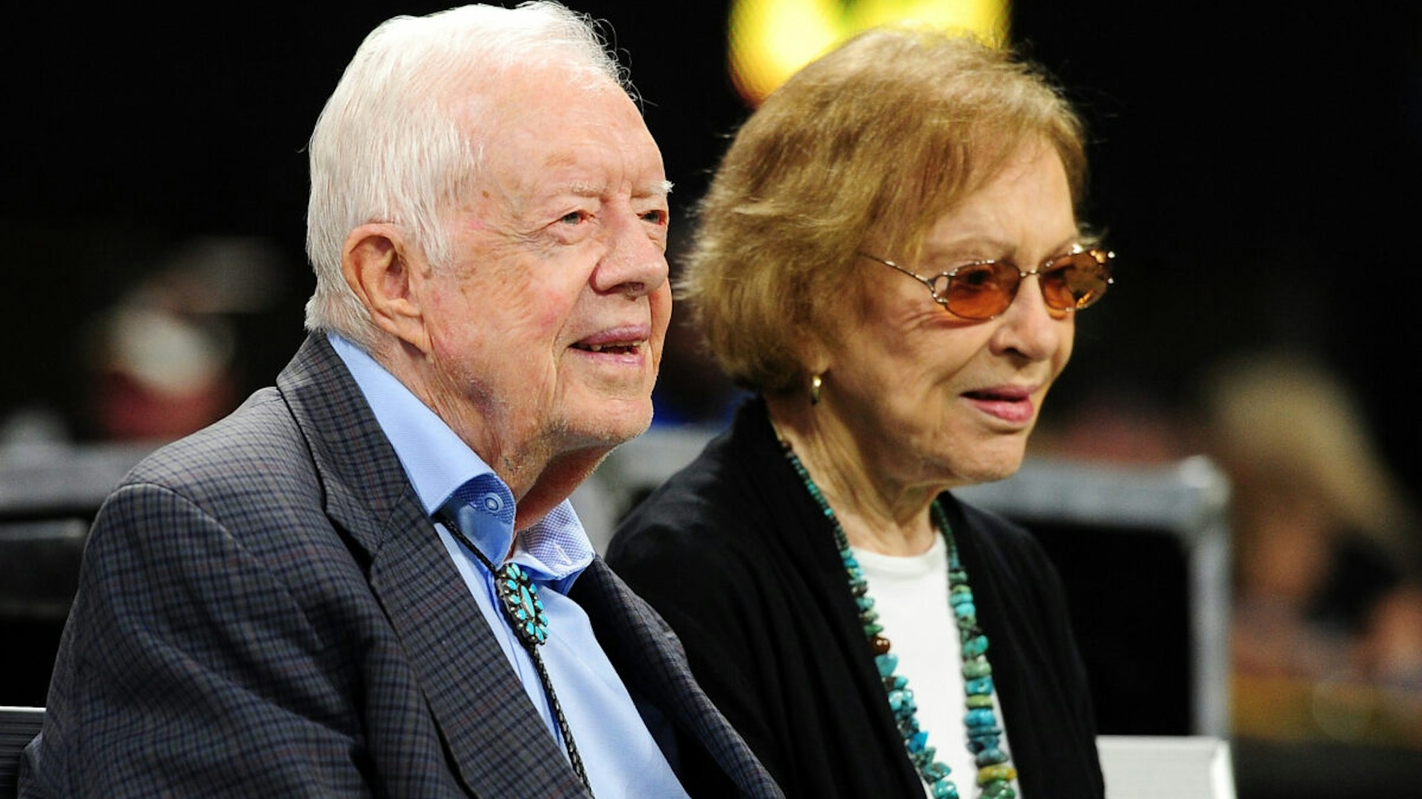 Former president Jimmy Carter and his wife Rosalynn prior to the game between the Atlanta Falcons and the Cincinnati Bengals at Mercedes-Benz Stadium on September 30, 2018 in Atlanta, Georgia.