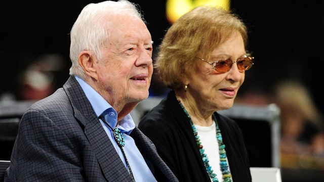 Former president Jimmy Carter and his wife Rosalynn prior to the game between the Atlanta Falcons and the Cincinnati Bengals at Mercedes-Benz Stadium on September 30, 2018 in Atlanta, Georgia.