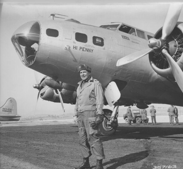 Lieutenant General Matthew B. Ridgway (1895-1993), CG of the United States Eighth Army, standing in front of his USAF B-17 plane 'Hi Penny' during the Korean War, Korea, 30 January 1951. (Photo by FPG/Getty Images)