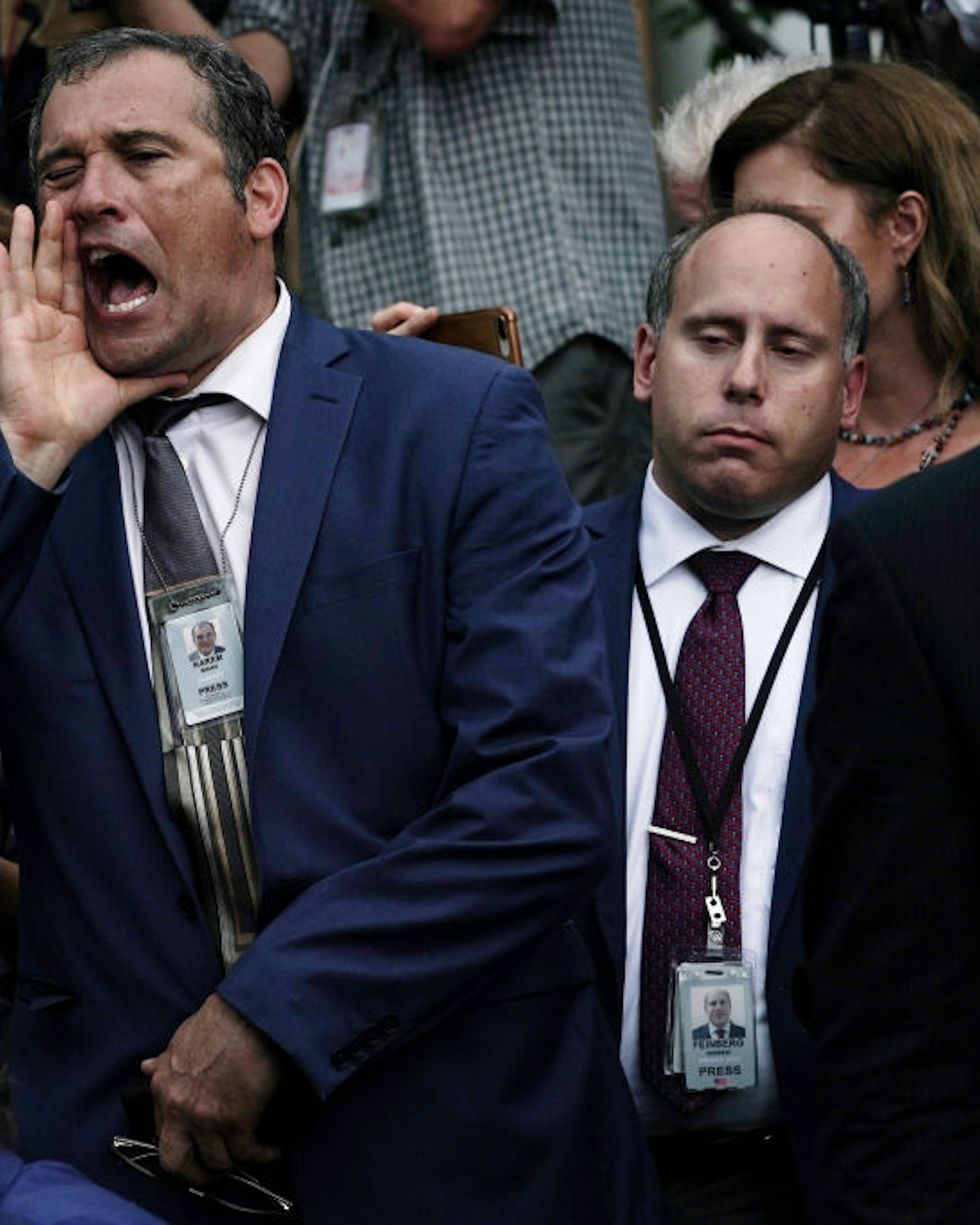 WASHINGTON, DC - JULY 11: Brian Karem of Playboy Magazine argues with conservative military and intelligence analyst and former deputy assistant to President Donald Trump Sebastian Gorka after the President made a Rose Garden statement on the census July 11, 2019 at the White House in Washington, DC. President Trump, who had previously pushed to add a citizenship question to the 2020 census, announced that he would direct the Commerce Department to collect that data in other ways. (Photo by Alex Wong/Getty Images)