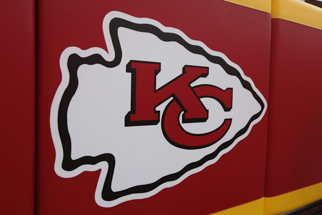 KANSAS CITY, MO - SEPTEMBER 15: A view of the Kansas City Chiefs logo before an NFL game between the Los Angeles Chargers and Kansas City Chiefs on September 15, 2022 at GEHA Field at Arrowhead Stadium in Kansas City, MO.