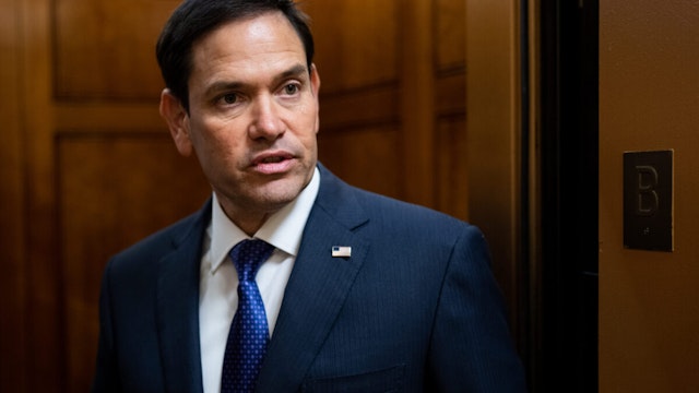 UNITED STATES - JANUARY 25: Sen. Marco Rubio, R-Fla., stops to talk to reporters as he arrives in the Capitol from the Senate subway on Wednesday, January 25, 2023.
