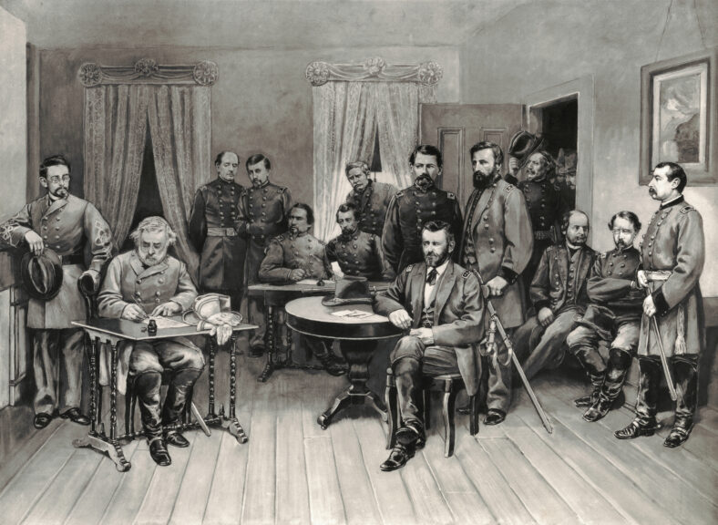 Vintage illustration at the Appomattox Court House in Virginia depicts Confederate General Robert E. Lee surrendering his 28,000 troops to Union General Ulysses S. Grant on April 9, 1865, effectively ending the American Civil War.