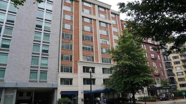 WASHINGTON, DC - JUNE 23: The George Washington University residence hall at 1129 New Hampshire Ave on June 23, 2023 in Washington, D.C. The residence hall has plans to be converted into a homeless shelter. (Photo by Minh Connors/The Washington Post via Getty Images)
