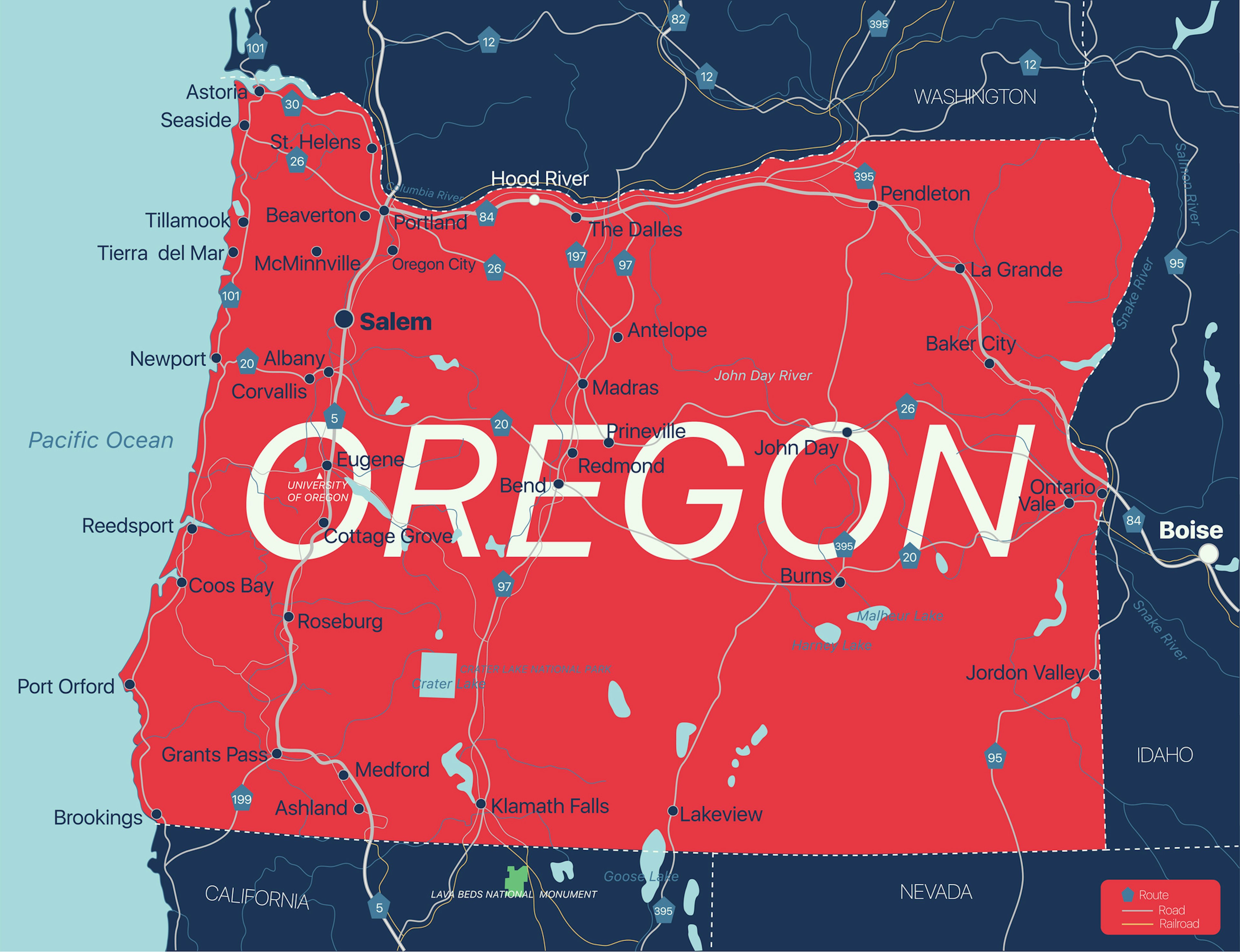 Oregon state detailed editable map with cities and towns, geographic sites, roads, railways, interstates and U.S. highways. Vector EPS-10 file, trending color scheme. rusak. Getty Images.