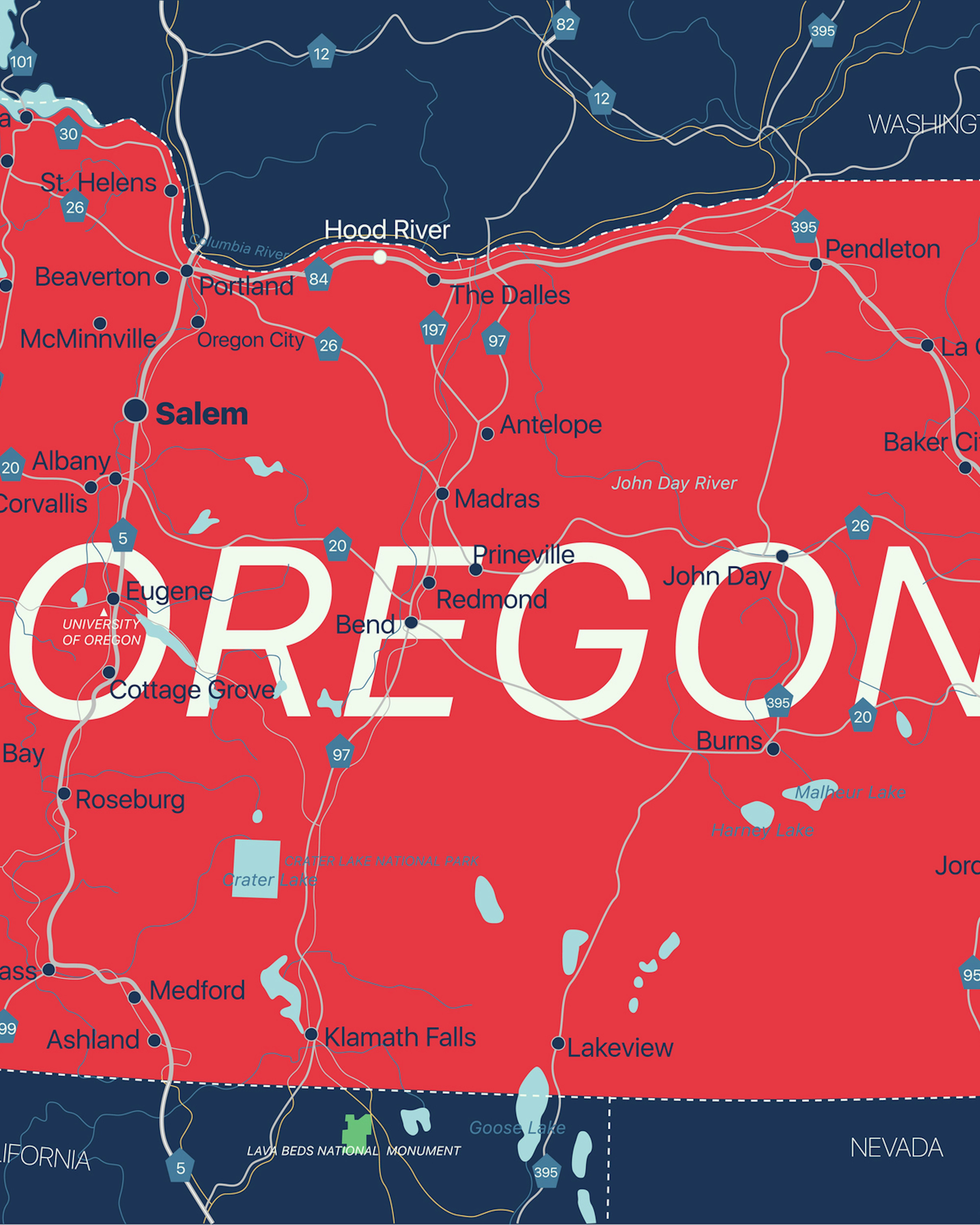Oregon state detailed editable map with cities and towns, geographic sites, roads, railways, interstates and U.S. highways. Vector EPS-10 file, trending color scheme. rusak. Getty Images.