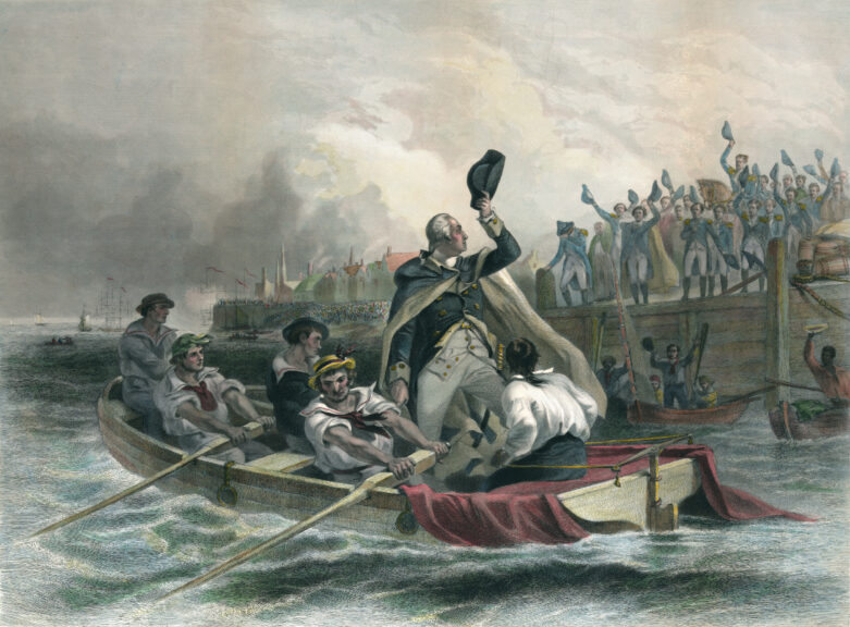 Vintage illustration depicts General George Washington leaving Whitehall Ferry on December 4, 1783, to the cheers and waves of his officers. Earlier that day, Washington left his fellow generals, Knox, Steuben, Greene, and then-Colonel Hamilton, at New York's famed Francis Tavern where he informed them that he will be resigning his commission and returning to civilian life. However, in 1789, Washington was coaxed out of retirement and elected as the first president of the United States, a position he held until 1797. Keith Lance. Getty Images.