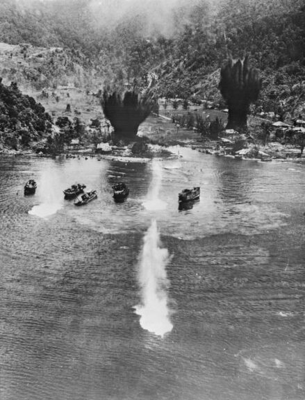 Aerial view from aircraft of the 308th Bombardment Wing from the United States Army Air Forces (USAAF) 5th Air Force as they attack transport boats and military installations of the Imperial Japanese Army's (IJA) 2nd Army based at Challenger Bay in Humboldt Bay during the New Guinea campaign on 5th April 1944 at Hollandia in Dutch New Guinea now Jayapura in the province of Papua, Indonesia. Official US Air Force Photo. (Photo by INP/Bettmann Archive/Getty Images)