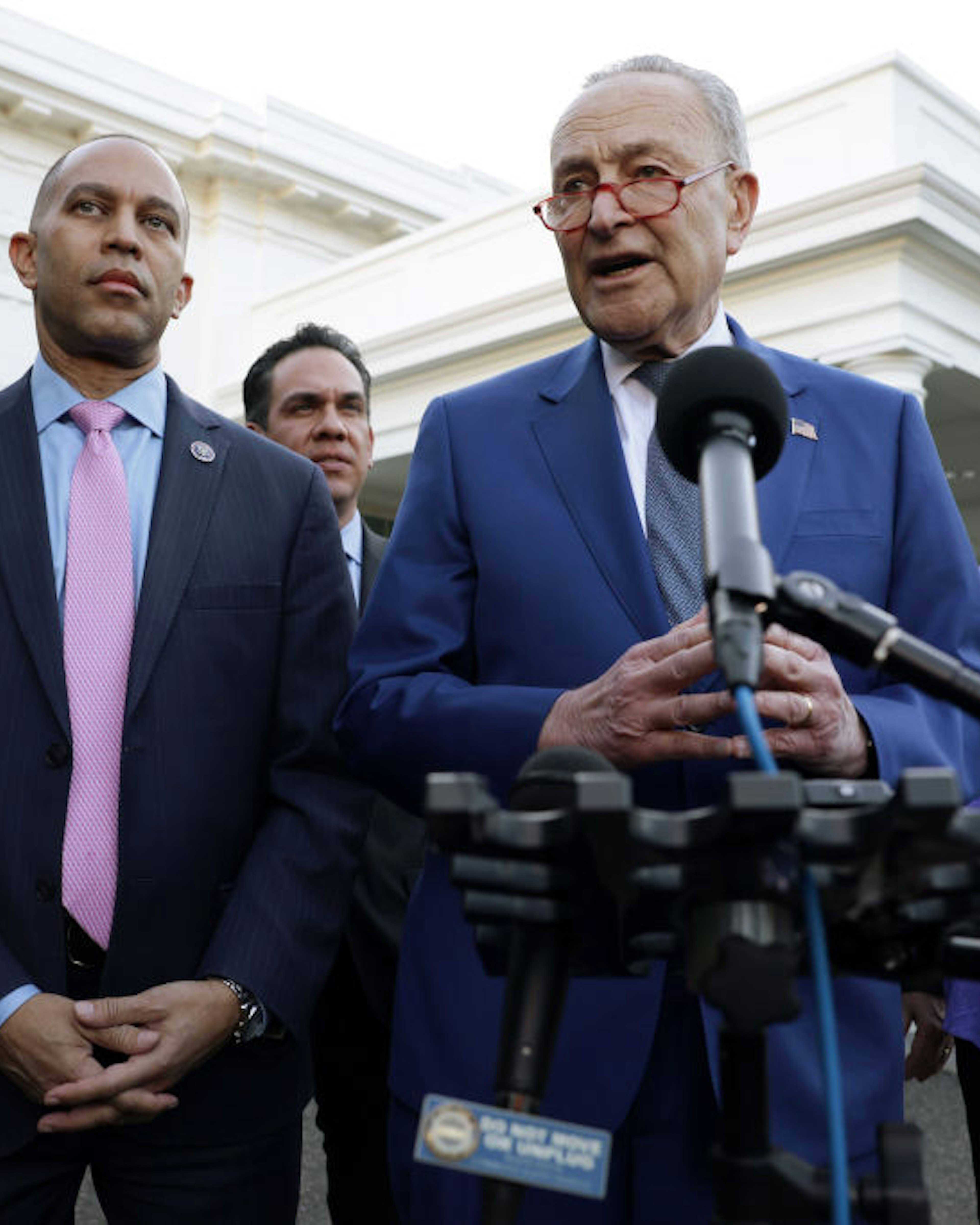 WASHINGTON, DC - JANUARY 24: U.S. Senate Majority Leader Sen. Chuck Schumer (D-NY) speaks to members of the press outside the West Wing as (L-R) House Minority Whip Rep. Katherine Clark (D-CT), House Minority Leader Rep. Hakeem Jeffries (D-NY), House Democratic Caucus Chairman Rep. Pete Aguilar (D-CA) and Sen. Debbie Stabenow (D-MI) listen after a meeting with President Joe Biden at the White House on January 24, 2023 in Washington, DC. President Biden hosted Democratic Congressional leaders to discuss Democratic agenda. (Photo by Alex Wong/Getty Images)