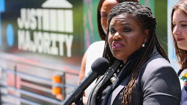 ST LOUIS, MISSOURI - MAY 8: Representative Cori Bush speaks during a press conference held by Just Majority on May 8, 2023 in St Louis, Missouri. (Photo by Dilip Vishwanat/Getty Images for Just Majority)