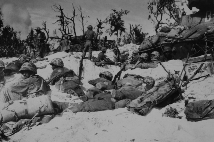American military officers move across the sands during the Battle of Peleliu (Operation Stalemate II), during the Second World War, on the beach at Peleliu, Palau, 15th September 1944. The troops, supporting the 7th Marines, are either the 16th Marine Field Depot or the 17th Naval Construction Battalion Special. (Photo by Archive Photos/Getty Images)