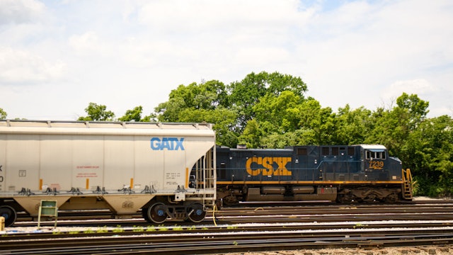 A CSX train parked in a rail yard in Nashville, Tennessee, US, on Tuesday, June 13, 2023. CSX Corp. is scheduled to release earnings figures on July 20.