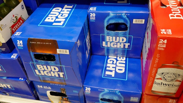 MIAMI, FLORIDA - JULY 27: Bud Light, made by Anheuser-Busch, sits on a store shelf on July 27, 2023 in Miami, Florida. Anheuser-Busch InBev announced it will lay off hundreds of corporate employees as its Bud Light beer sales continue to struggle.