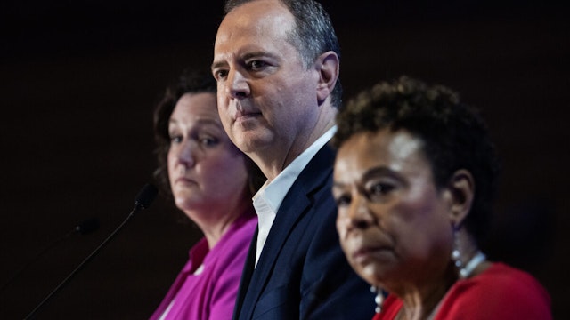 From left, Reps. Katie Porter, D-Calif., Adam Schiff, D-Calif., and Barbara Lee, D-Calif., Democratic candidates for U.S. Senate, participate in the National Union of Healthcare Workers Senate Candidate Forum in downtown Los Angeles, Calif., on Sunday, October 8, 2023.