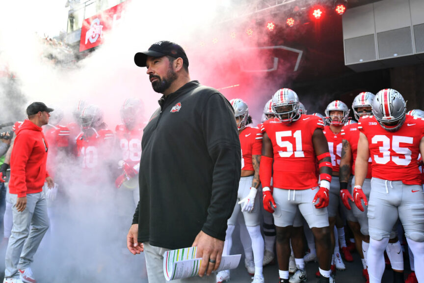 COLUMBUS, OHIO - OCTOBER 07: Head Coach Ryan Day of the Ohio State Buckeyes lines up before taking the field for a game against the Maryland Terrapins at Ohio Stadium on October 07, 2023 in Columbus, Ohio. (Photo by Ben Jackson/Getty Images)