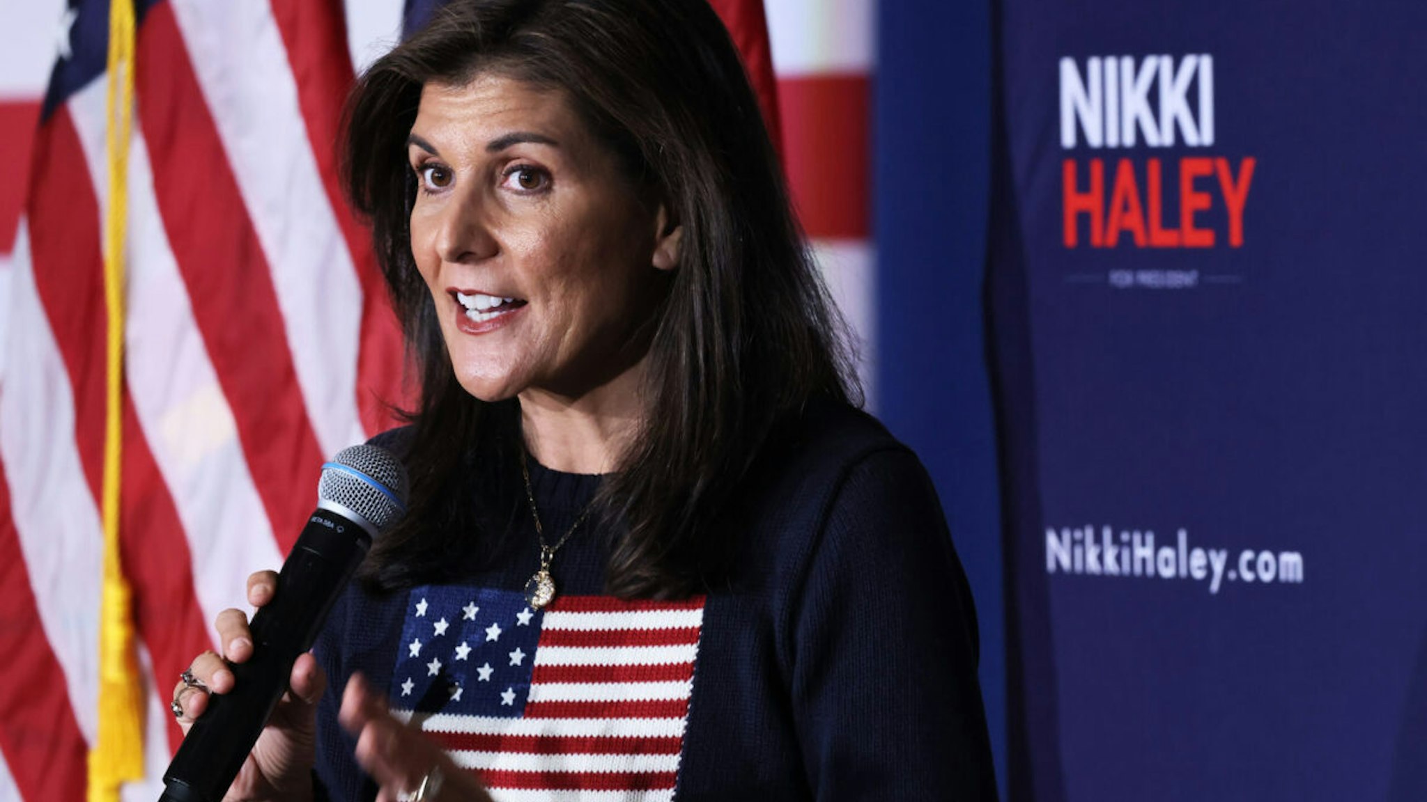ROCHESTER, NEW HAMPSHIRE - OCTOBER 12: Republican presidential candidate former U.N. Ambassador Nikki Haley speaks during a town hall at Rochester American Legion Post #7 on October 12, 2023 in Rochester, New Hampshire. Haley is holding several campaign events in New Hampshire ahead of her filing the New Hampshire Primary Ballot and appearing with other Republican presidential candidates at the New Hampshire Republican Party’s First in the Nation Summit.