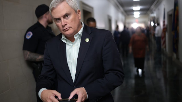 U.S. Rep. James Comer (R-KY) leaves during a break in a House Republican caucus meeting at the Longworth House Office Building on October 13, 2023 in Washington, DC.