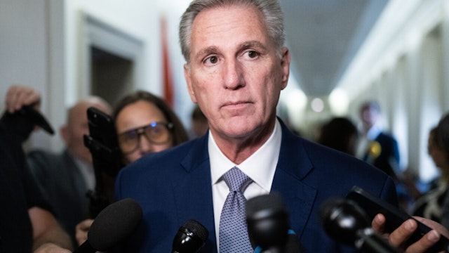 Rep. Kevin McCarthy, R-Calif., is seen outside a House Republican Conference speaker election meeting in Longworth Building on Tuesday, October 24, 2023.