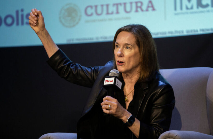 US producer Kathleen Kennedy speaks during a press conference during the Morelia Film Festival in Morelia, Michoacan State, Mexico, on October 26, 2023. (Photo by ENRIQUE CASTRO / AFP) (Photo by ENRIQUE CASTRO/AFP via Getty Images)