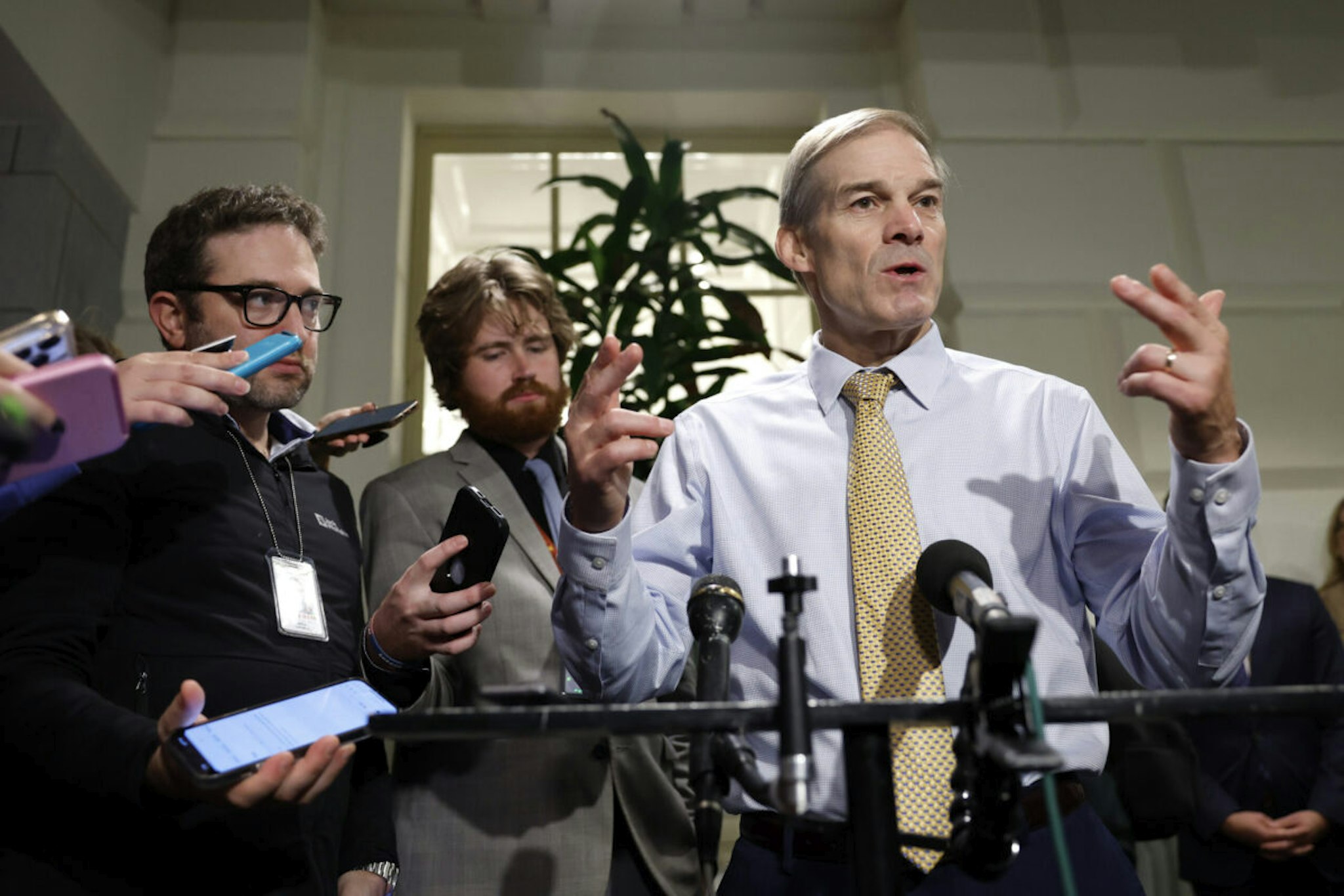 U.S. Rep. Jim Jordan (R-OH) speaks to the media as he leaves a closed-door House Republican meeting at the U.S. Capitol on October 20, 2023 in Washington, DC.