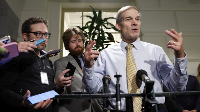 U.S. Rep. Jim Jordan (R-OH) speaks to the media as he leaves a closed-door House Republican meeting at the U.S. Capitol on October 20, 2023 in Washington, DC.