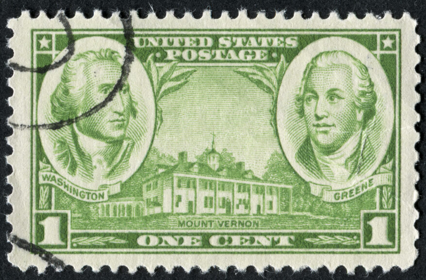 Cancelled Stamp From The United States Featuring George Washington And Nathanael Greene Along With Mount Vernon. Getty Images.