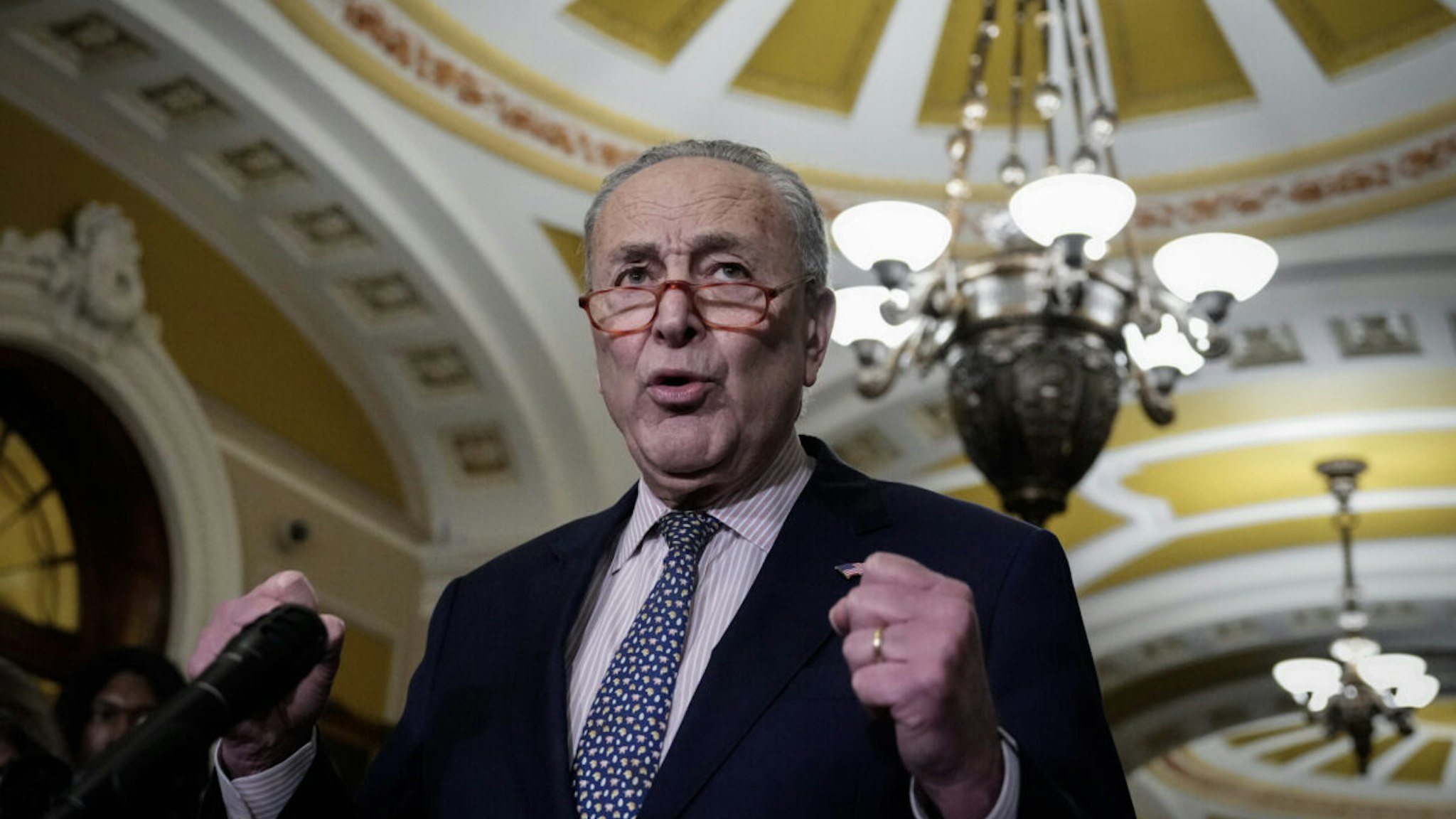 Senate Majority Leader Chuck Schumer (D-NY) speaks during a news conference following a closed-door lunch meeting with Senate Democrats at the U.S. Capitol on October 31, 2023 in Washington, DC.