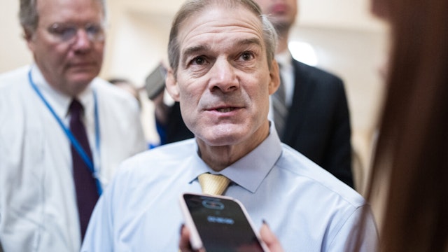 Rep. Jim Jordan, R-Ohio, talks with reporters after a meeting of the House Republican Conference in the U.S. Capitol on Tuesday, November 7, 2023.