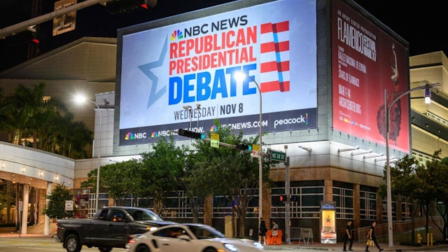 TOPSHOT - A billboard for the third Republican presidential primary debate is seen at the Adrienne Arsht Center for the Performing Arts in Miami, Florida on November 7, 2023. Five Republican candidates will take part in the third debate, including Florida Governor Ron DeSantis, former Governor of South Carolina and UN ambassador Nikki Haley, former Governor of New Jersey Chris Christie, entrepreneur Vivek Ramaswamy, and US Senator from South Carolina Tim Scott. Former US President and 2024 Presidential hopeful Donald Trump will skip the debate to hold his own rally.