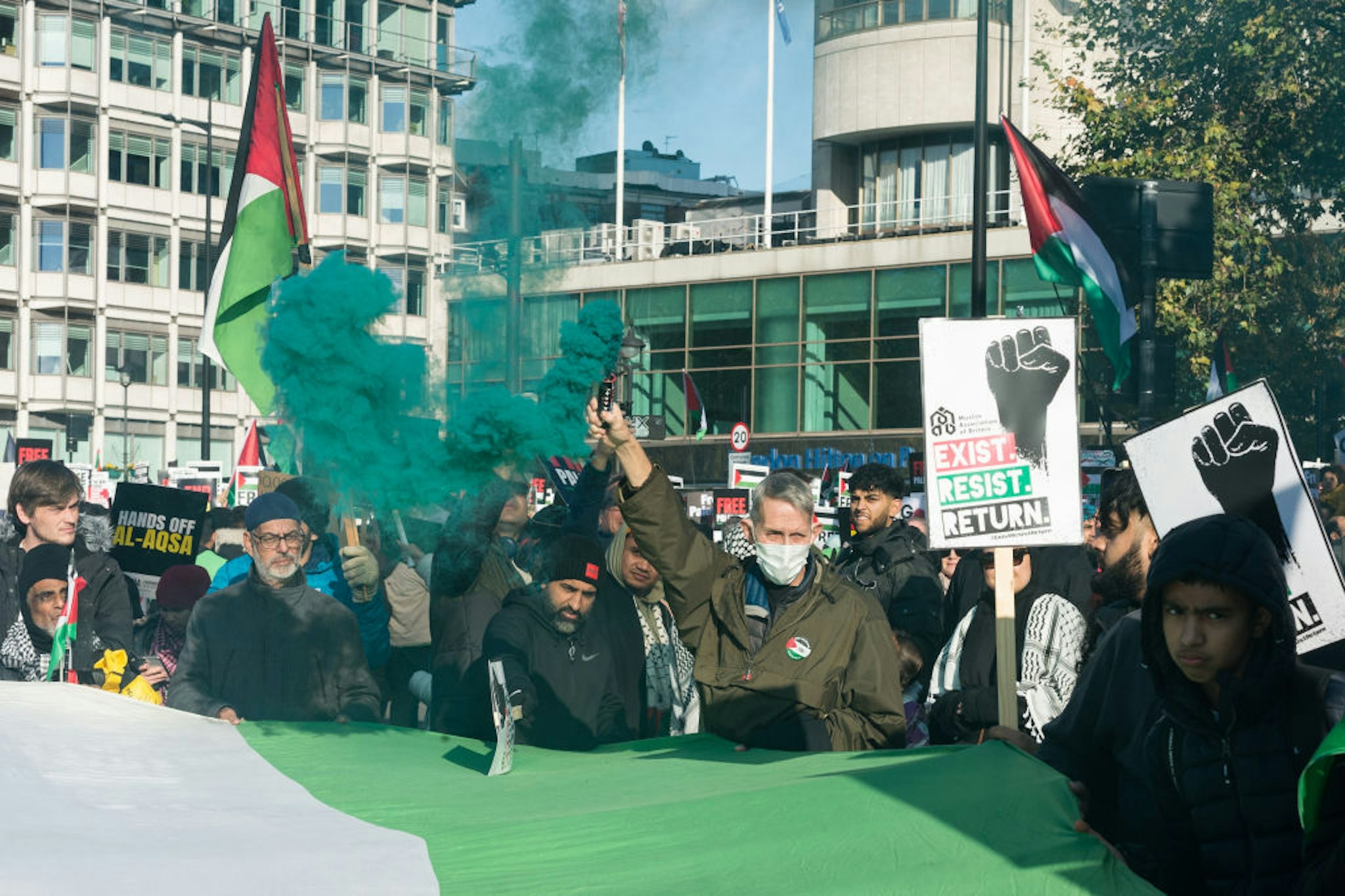 LONDON, UNITED KINGDOM - NOVEMBER 11: Tens of thousands of protesters march across Vauxhall Bridge in solidarity with the Palestinian people and demand an immediate ceasefire in Gaza on November 11, 2023, in London, United Kingdom.