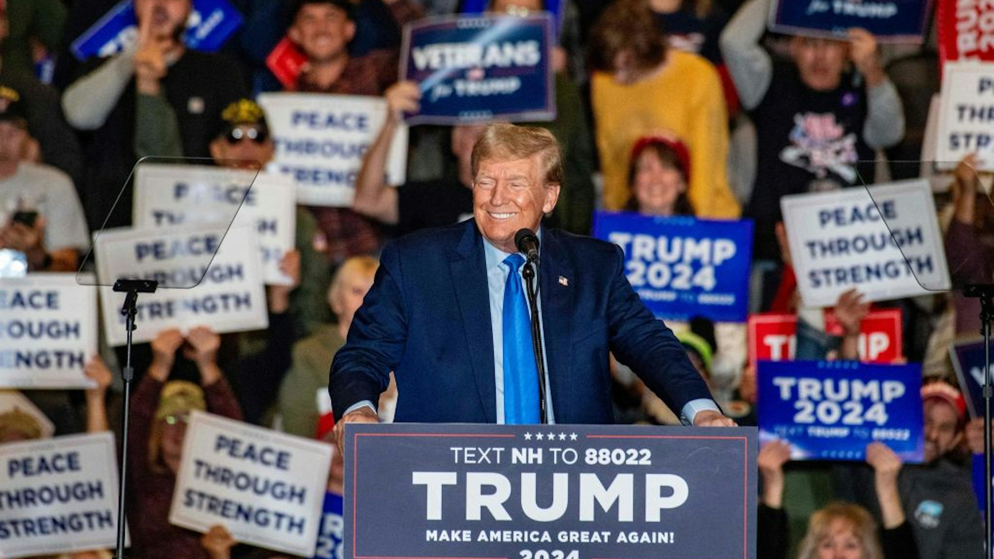 Former US president and 2024 Republican president candidate Donald Trump speaks at a campaign rally in Claremont, New Hampshire, on November 11, 2023. (Photo by JOSEPH PREZIOSO / AFP)