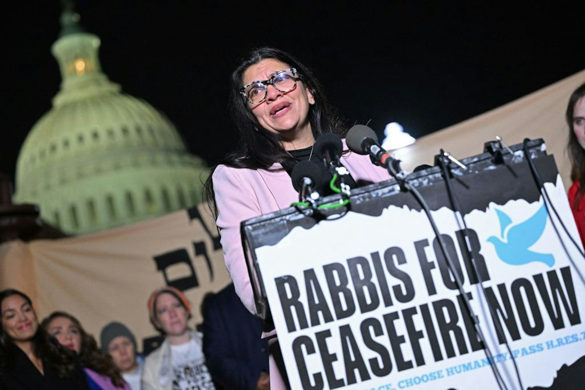 US Representative Rashida Tlaib D-MI, speaks during a rabbis news conference calling for a ceasefire between Israel and Hamas, on Capitol Hill in Washington, DC, on November 13, 2023. Thousands of civilians, both Palestinians and Israelis, have died since October 7, 2023, after Palestinian Hamas militants based in the Gaza Strip entered southern Israel in an unprecedented attack triggering a war declared by Israel on Hamas with retaliatory bombings on Gaza. (Photo by Mandel NGAN / AFP) (Photo by MANDEL NGAN/AFP via Getty Images)