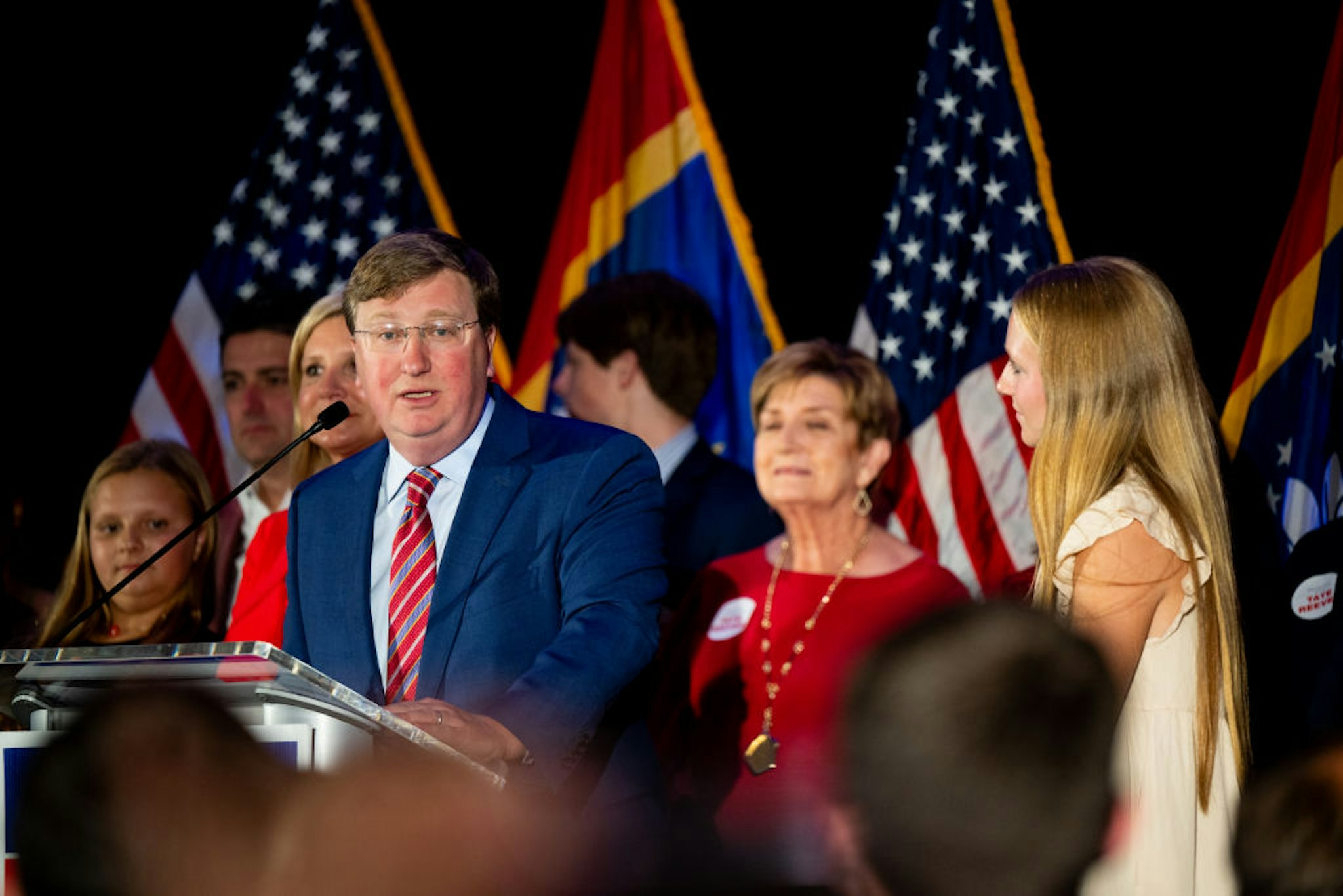 FLOWOOD, MISSISSIPPI - NOVEMBER 07: Mississippi incumbent Republican Gov. Tate Reeves and his family speak to supporters during an election night watch party at The Refuge Hotel &amp; Conference Center on November 07, 2023 in Flowood, Mississippi. Gov. Reeves won reelection against Democratic challenger Brandon Presley, a second cousin of Elvis Presley.