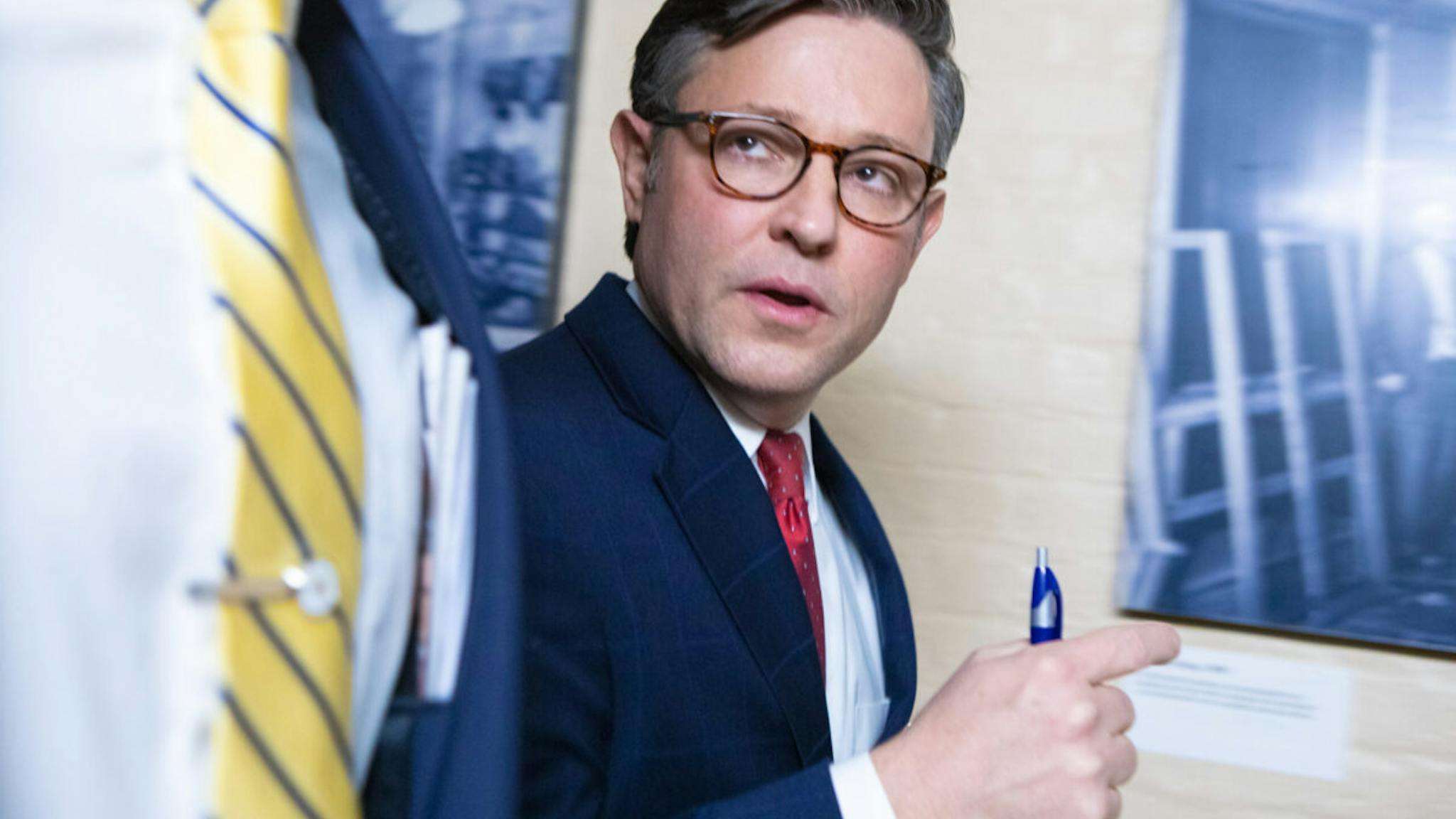 Speaker Mike Johnson Speaker of the House Mike Johnson (R-LA) departs a House Republican Conference meeting on November 14, 2023 at the U.S. Capitol in Washington, DC.