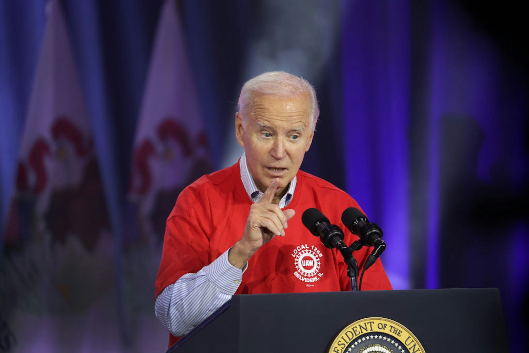 BELVIDERE, ILLINOIS - NOVEMBER 09: President Joe Biden speaks to autoworkers at the Community Complex Building on November 09, 2023 in Belvidere, Illinois. Biden was in Belvidere to celebrate the scheduled reopening of Stellantis' Belvidere Assembly Plant and the settlement of the United Auto Workers (UAW) strike. Stellantis has agreed to build a new midsize pickup truck and open a new electric vehicle battery plant at the Belvidere facility which has been shuttered since February.