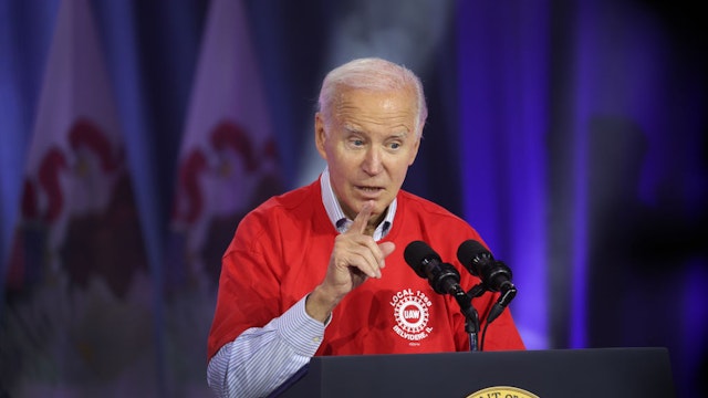 BELVIDERE, ILLINOIS - NOVEMBER 09: President Joe Biden speaks to autoworkers at the Community Complex Building on November 09, 2023 in Belvidere, Illinois. Biden was in Belvidere to celebrate the scheduled reopening of Stellantis' Belvidere Assembly Plant and the settlement of the United Auto Workers (UAW) strike. Stellantis has agreed to build a new midsize pickup truck and open a new electric vehicle battery plant at the Belvidere facility which has been shuttered since February.