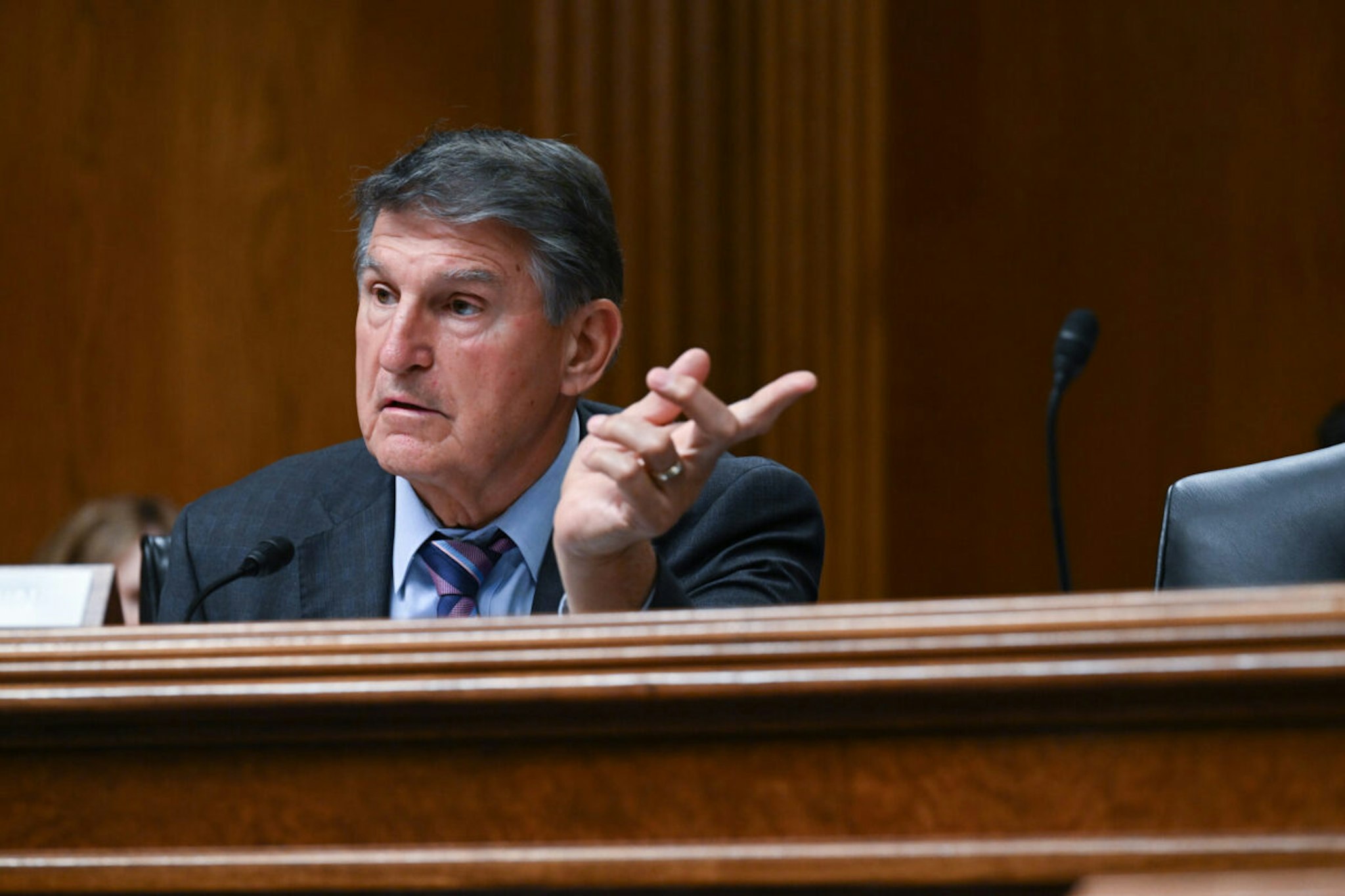 Senator Joe Manchin (D-WV) speaks to Chairwomen of the Federal Communications Commission Jessica Rosenworcel during a Senate Appropriations Subcommittee on Financial Servieces and General Government Hearings at the Dirksen Senate Office Building on Tuesday September 19, 2023 in Washington, DC.