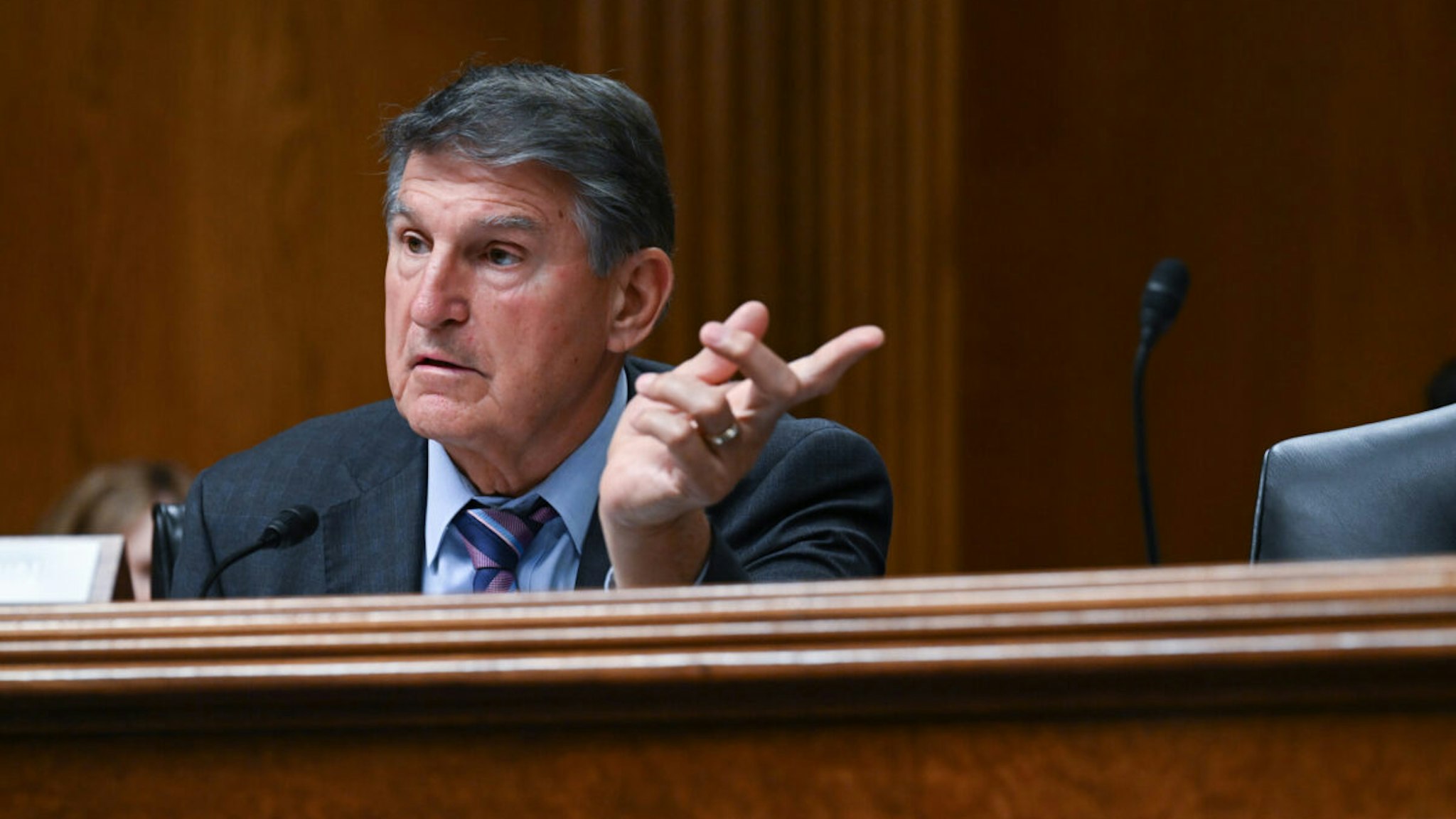 Senator Joe Manchin (D-WV) speaks to Chairwomen of the Federal Communications Commission Jessica Rosenworcel during a Senate Appropriations Subcommittee on Financial Servieces and General Government Hearings at the Dirksen Senate Office Building on Tuesday September 19, 2023 in Washington, DC.