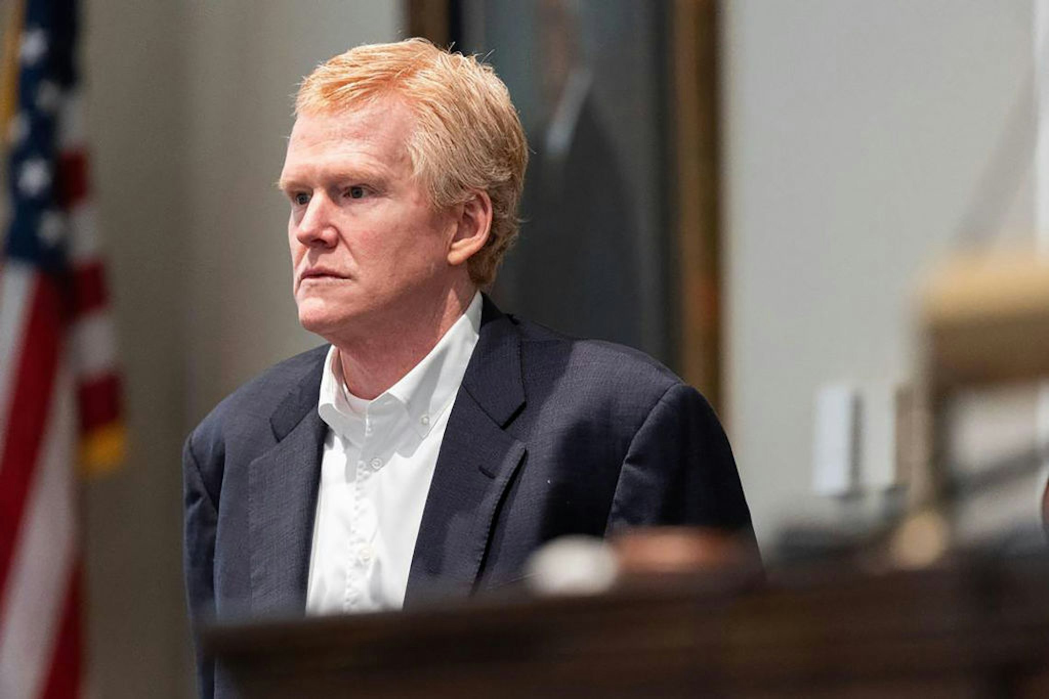 Alex Murdaugh stands next to the witness booth during a break in his trial for murder at the Colleton County Courthouse on Thursday, Feb. 23, 2023.