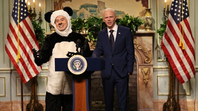 SATURDAY NIGHT LIVE -- "Jason Momoa, Tate McRae" Episode 1849 -- Pictured: (l-r) Bowen Yang as Tin Tin and Mikey Day as President Joe Biden during the "Biden Panda" Cold Open on Saturday, November 18, 2023 -- (Photo by: Will Heath/NBC via Getty Images)